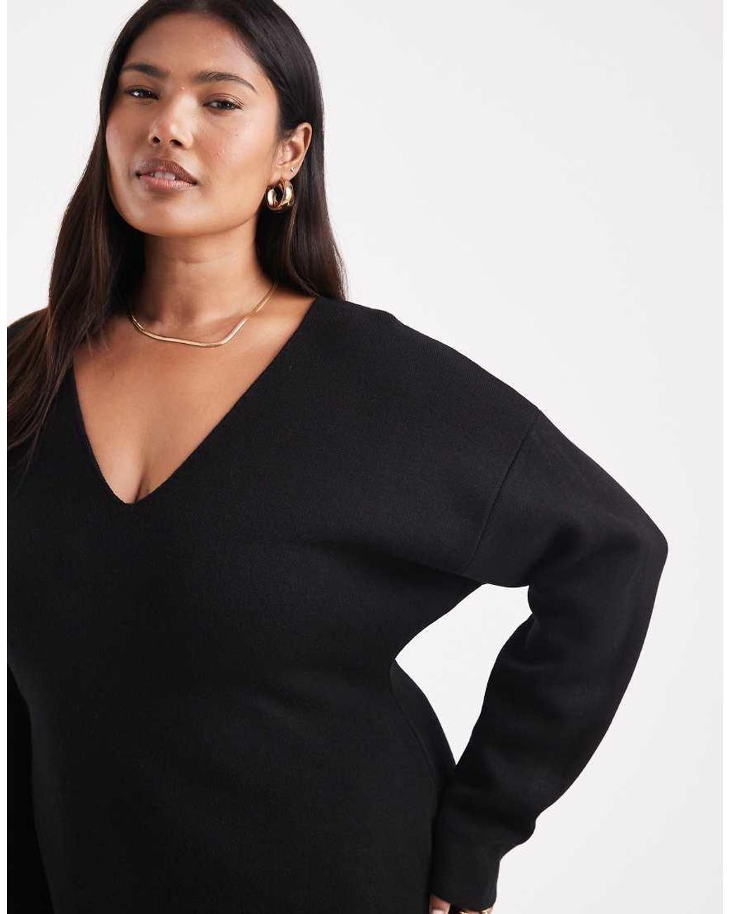 ASOS Black Asos Design Curve Low V Neck Waisted Top