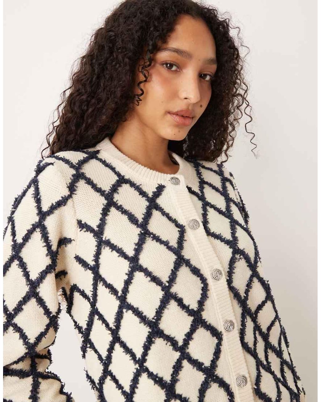 Y.A.S White Fluffy Textured Check Cardigan
