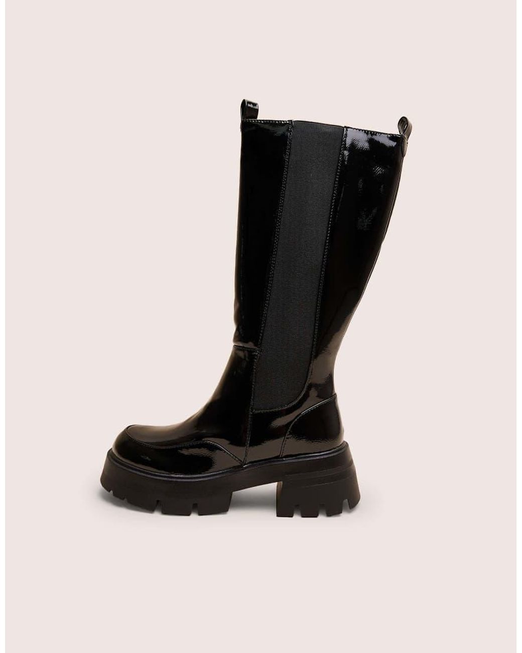 Public Desire Black Bryant Patent Chunky Sole Elasticated Knee High Boots