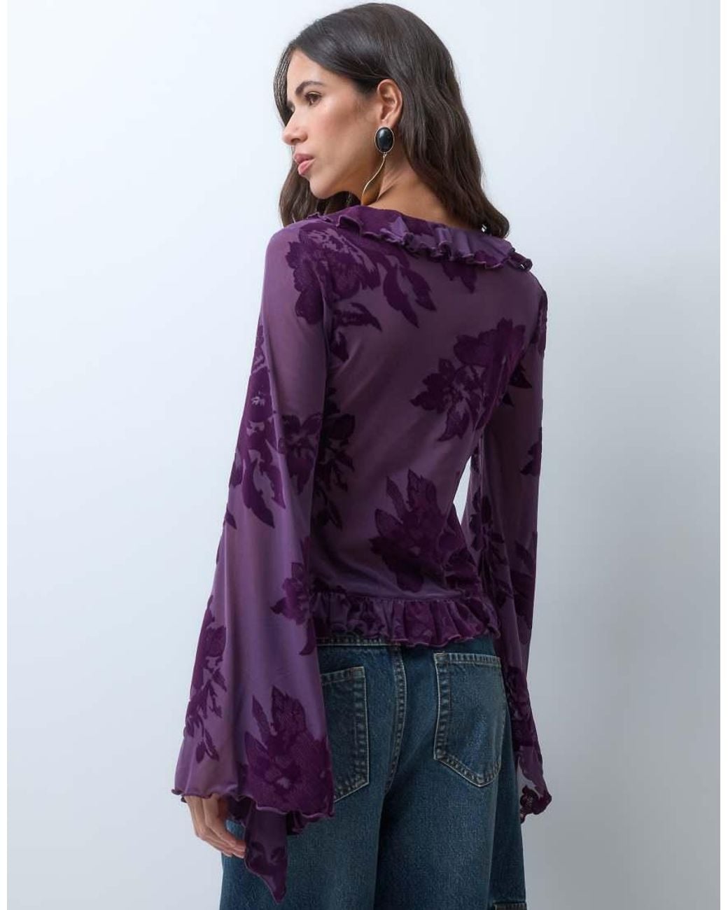 ASOS Purple Flock Ruffle Front Long Sleeve Top