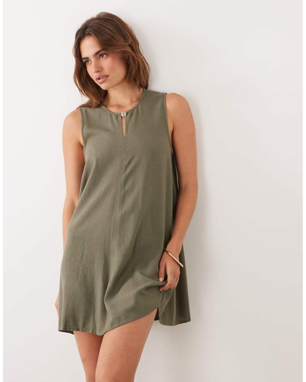 Jdy Green Linen Blend Pleated Mini Dress
