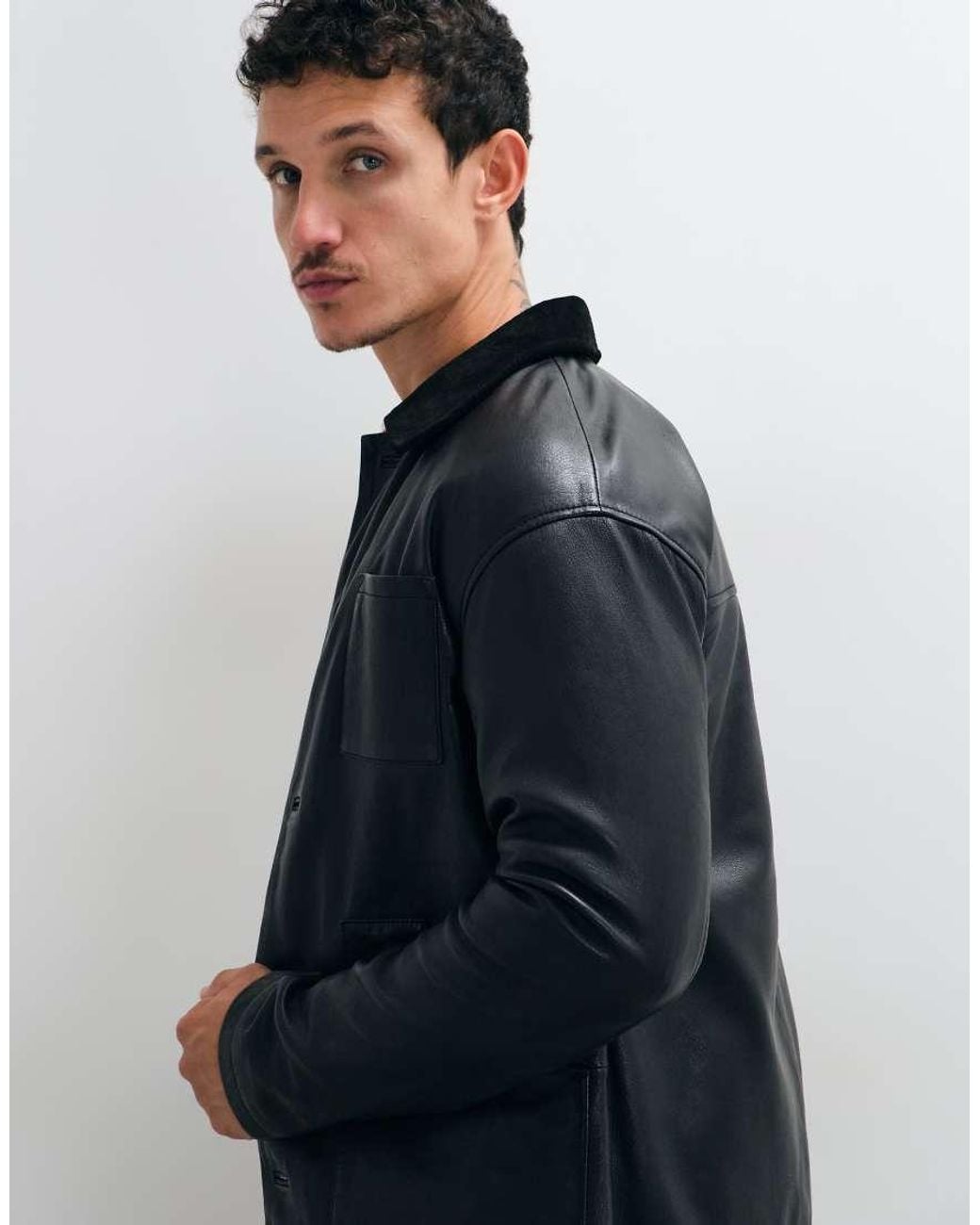 Barney's Originals Black Real Leather Chore Jacket for men