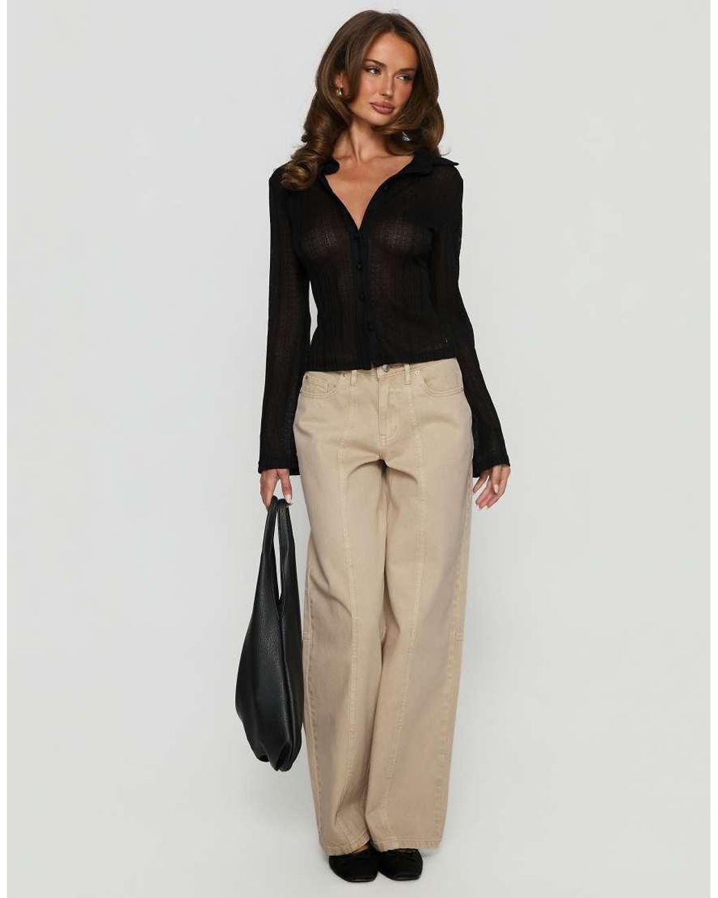 Princess Polly Black When You Sleep Semi Sheer Button Through Flare Sleeve Fitted Shirt