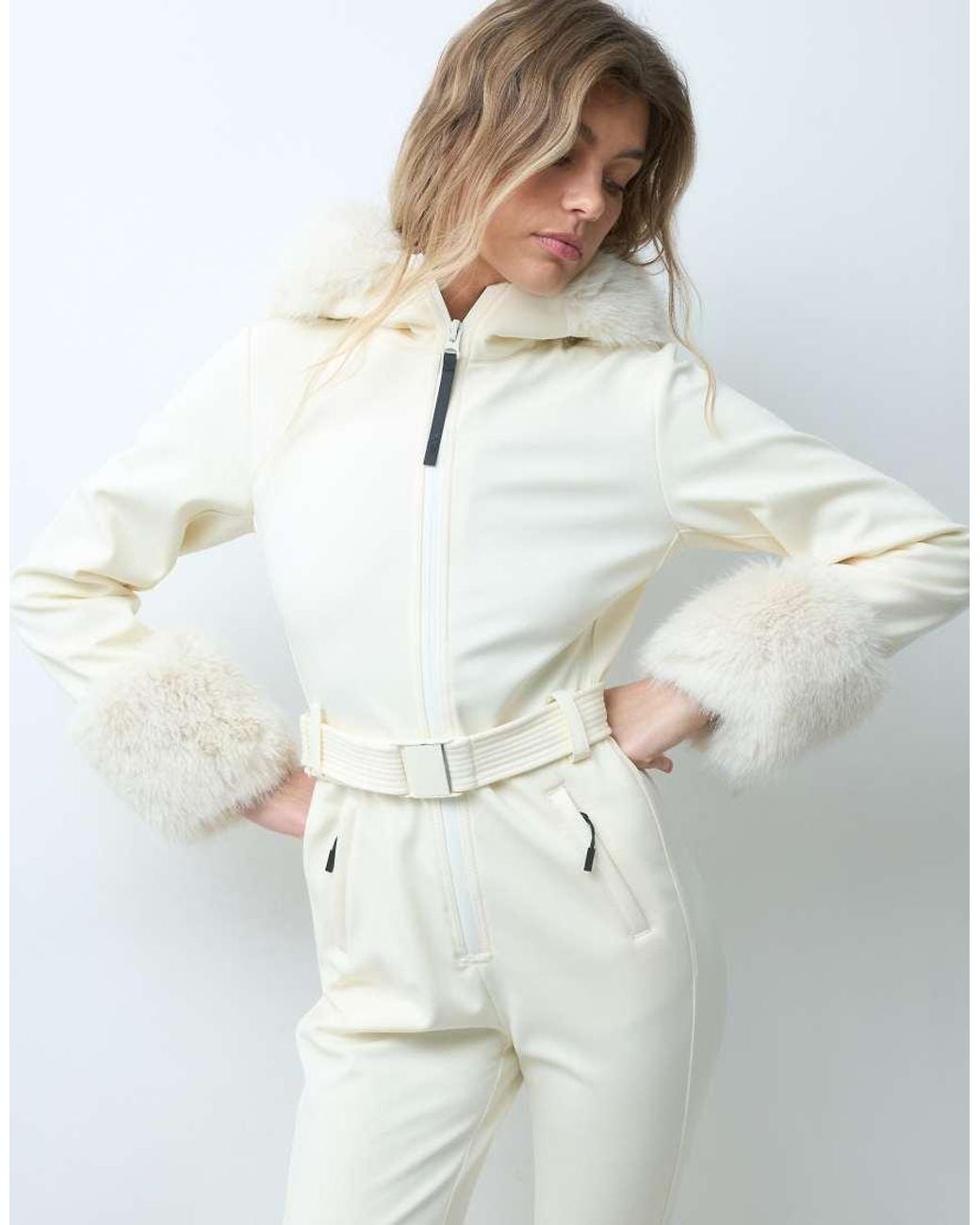 ASOS 4505 Ski & Snow Blue 4505 Ski Soft Shell Belted Ski Suit With Side Stripe And Faux Fur Trim