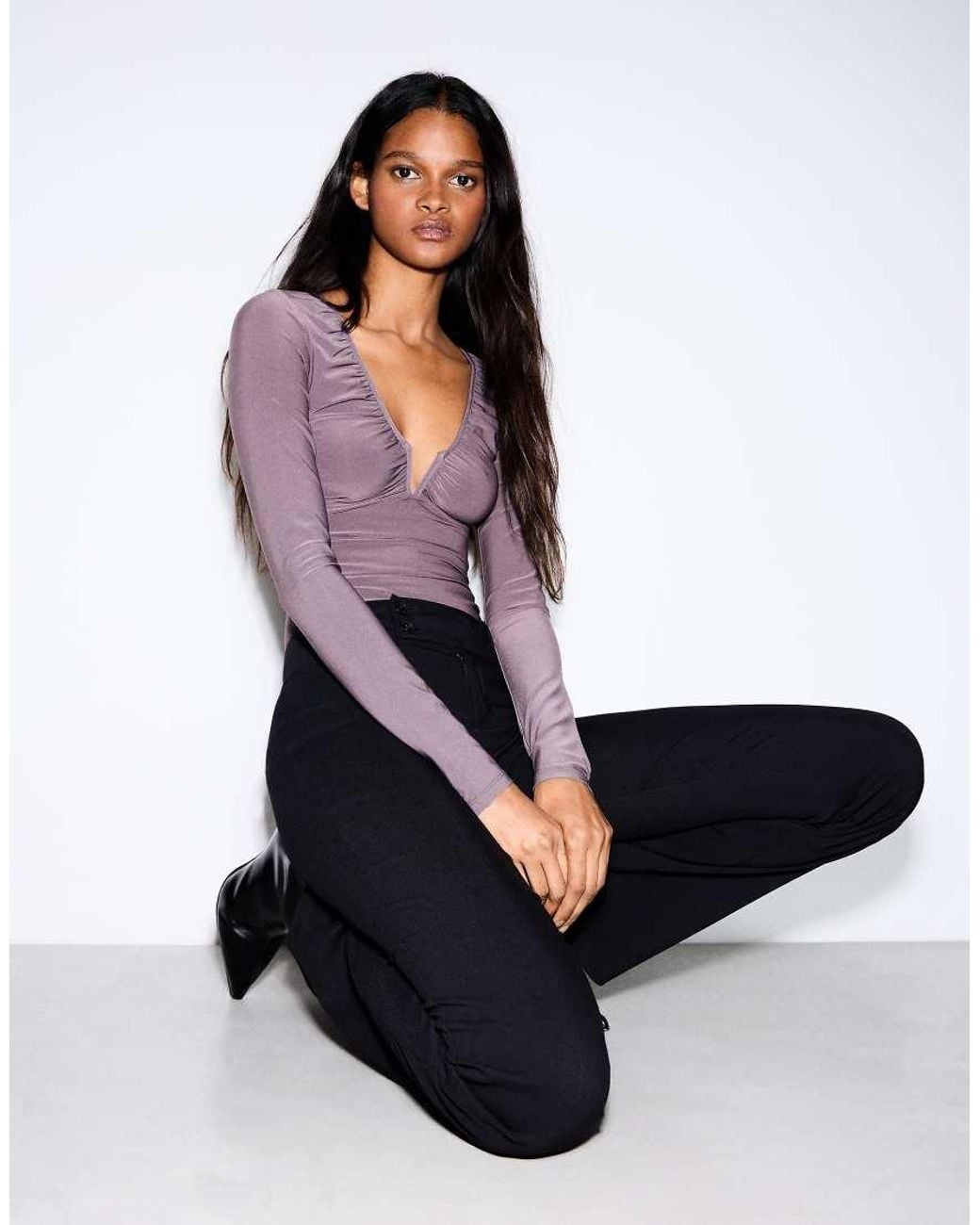 Bershka Purple V-neck Long Sleeve Bodysuit