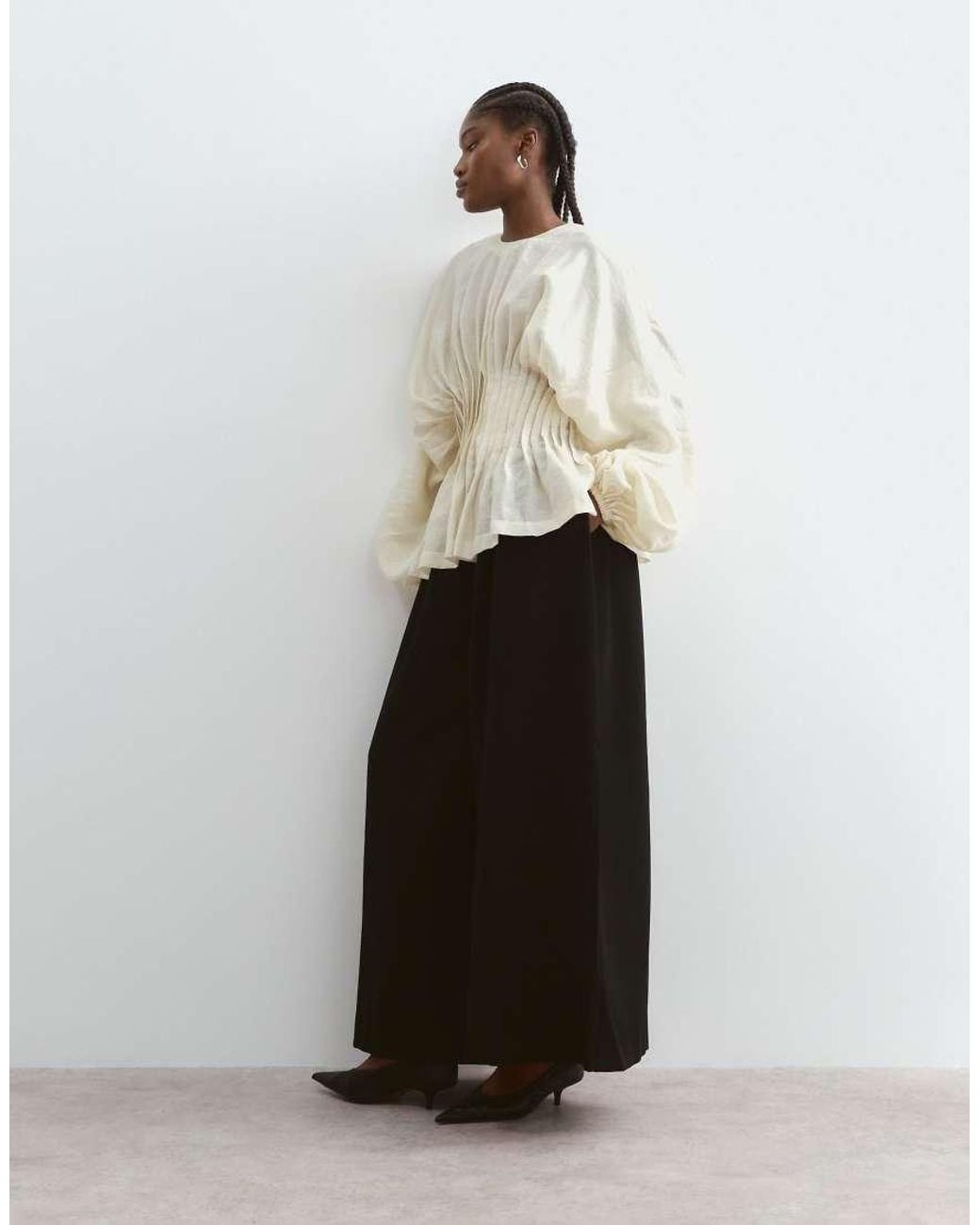 ARRANGE Natural Organza Volume Sleeve Pleated Cinched Waist Top