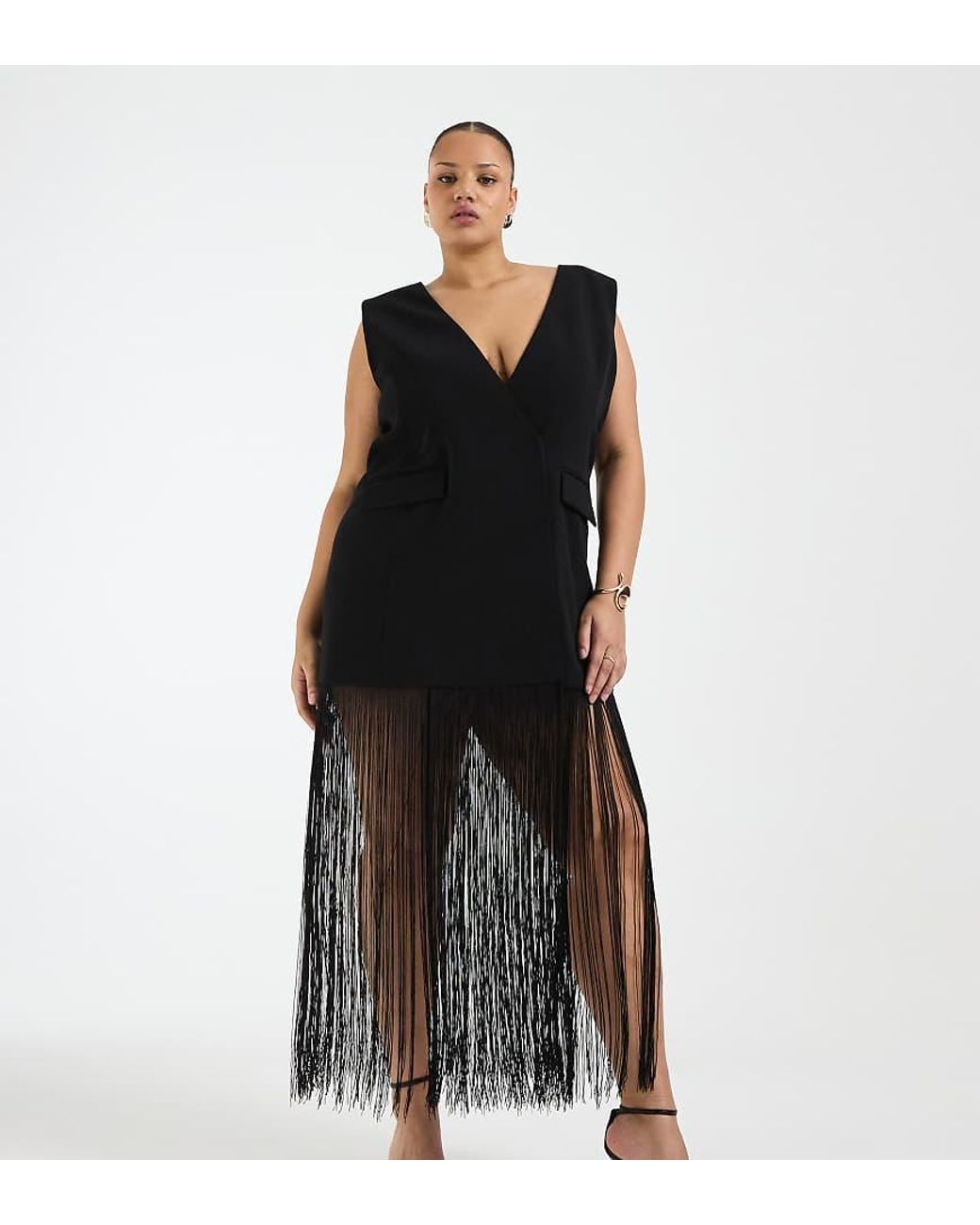 ASOS Black Curve Sleeveless Blazer With Fringe Hem