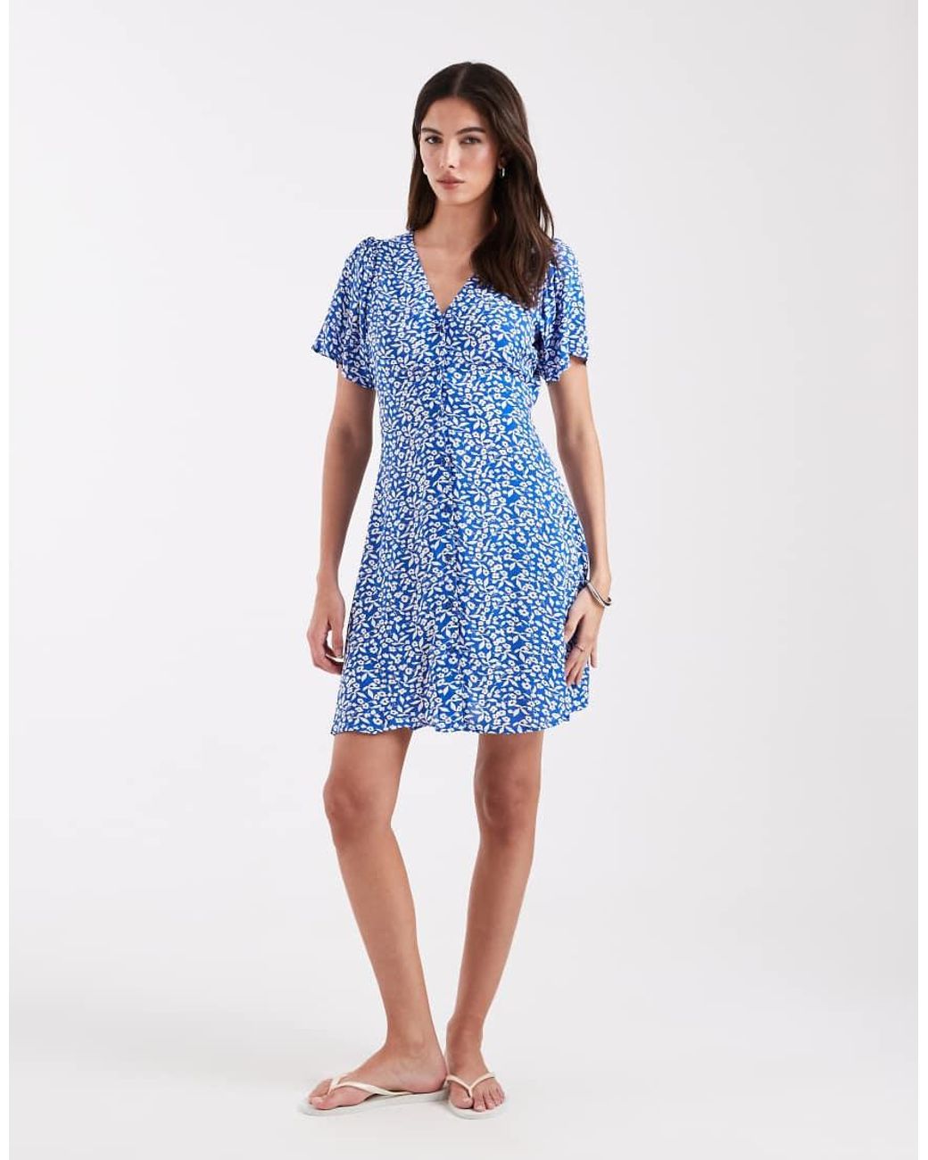 ONLY Blue V Neck Tie Waist Mini Dress