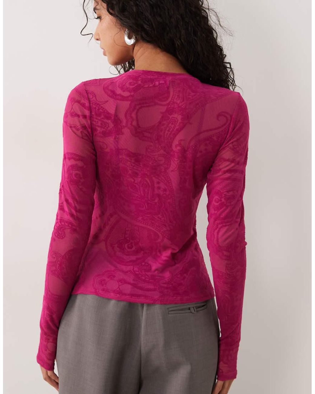AFRM Red Kaylee Velvet Flocked Mesh Crew Neck Long Sleeve Tee