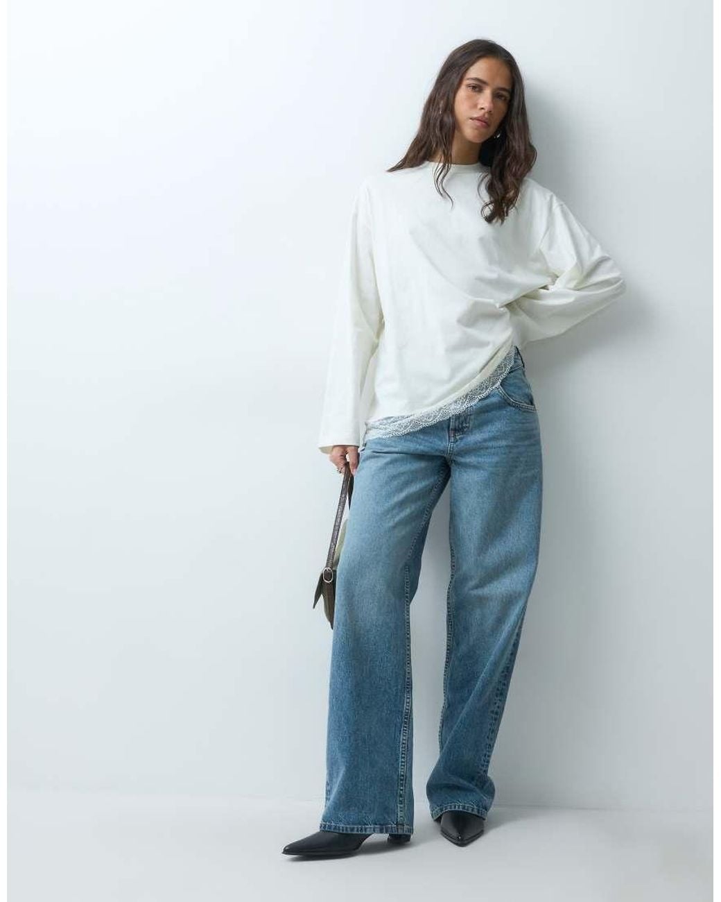 Miss Selfridge White Oversized Ls Tshirt With Lace Hem