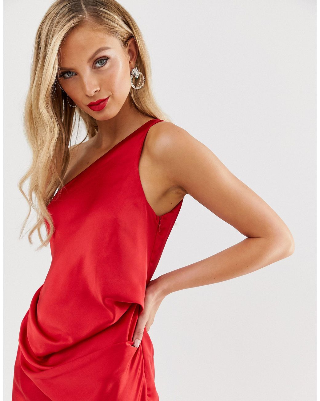 red one shoulder draped midi dress