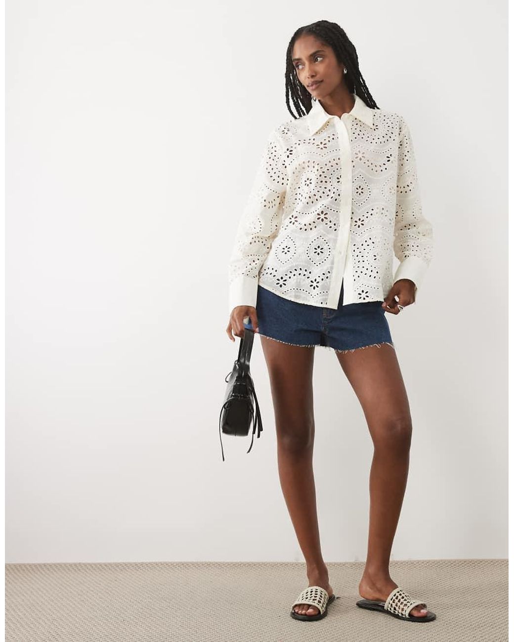 Mango White 100% Cotton Embroidered Shirt