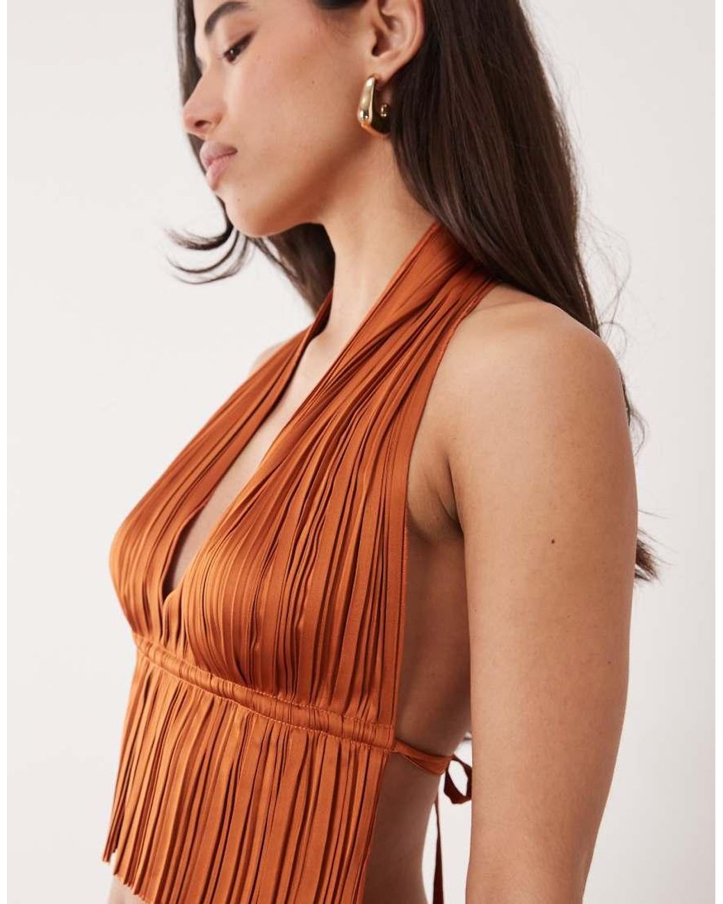 Aria Cove Brown Plisse Halterneck Plunge Open Tie Back Top