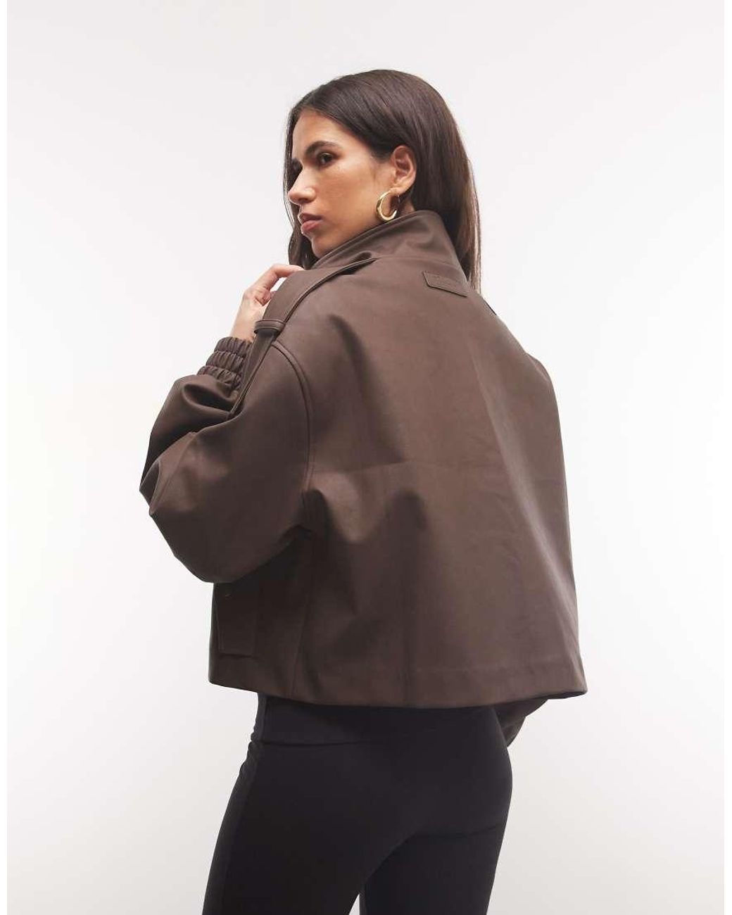 CERNUCCI Brown Boxy Faux Leather Funnel Neck Jacket