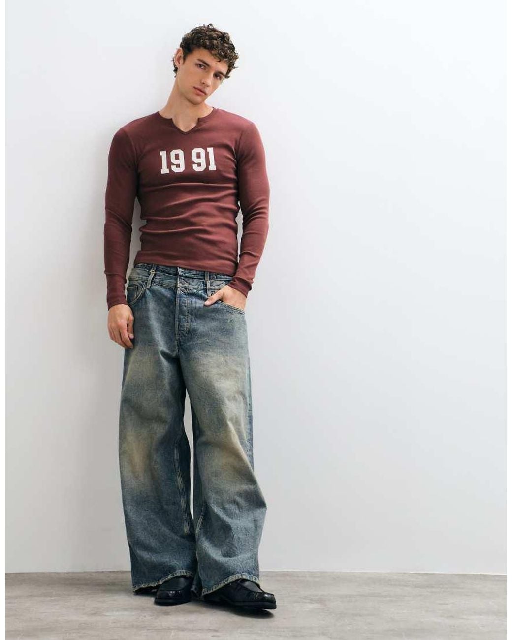 ASOS Red Muscle Fit Notch Neck Long Sleeve Top With 1991 Varsity Print for men