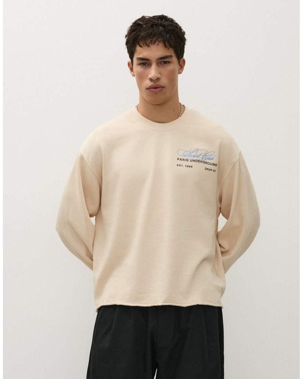 Bershka Natural Round Neck Print Sweatshirt for men
