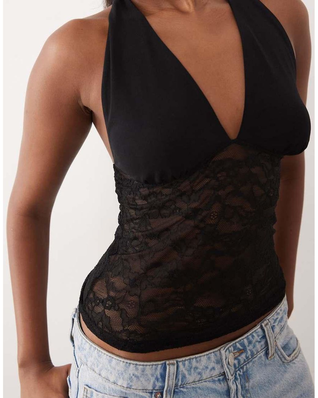 Gina Tricot Black Lace Plunge Top With Scarf