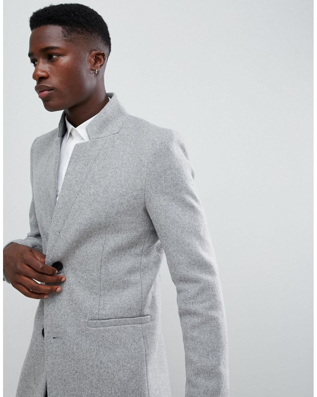 Only & Sons Overcoat With Stand Up Collar in Gray for Men | Lyst