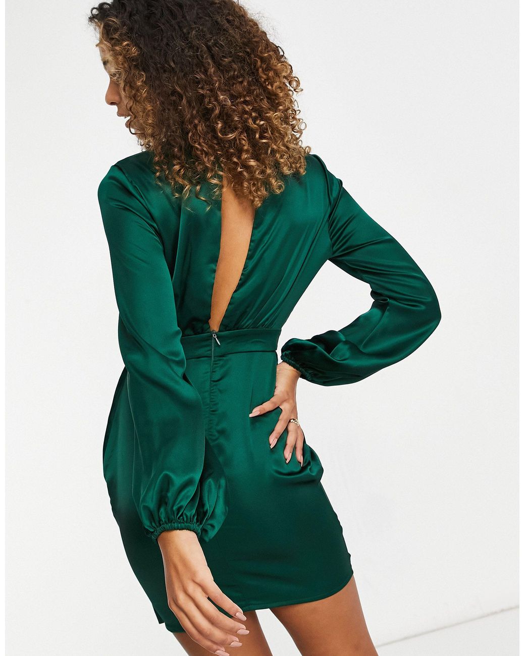 Club L London Satin Asymmetric Volume Sleeve Mini Dress in Green | Lyst