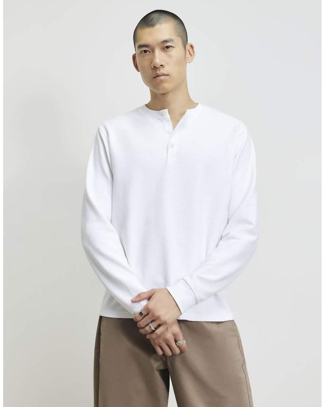 River Island Natural Regular Fit Cotton Henley Neck T-Shirt for men