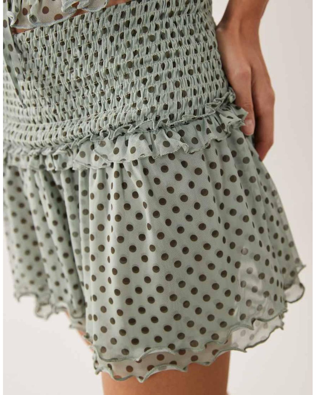 ASOS Natural Printed Shirred Mini Skirt Blue And Brown Polka Dot Print - Part Of A Set