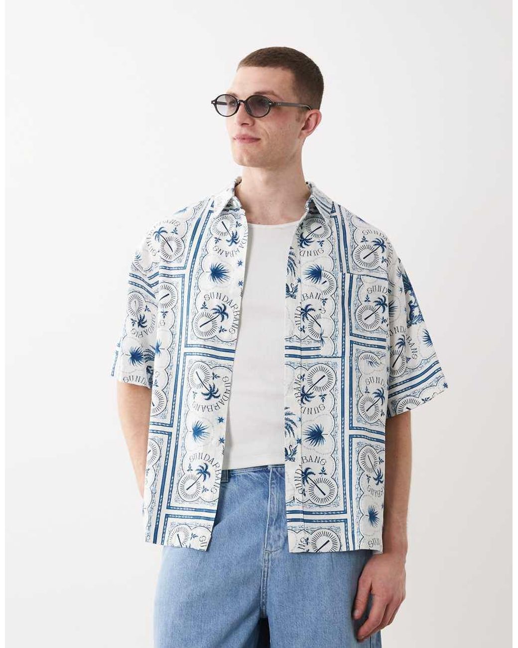 ASOS Blue Oversized Linen Blend Shirt With Tile Print for men