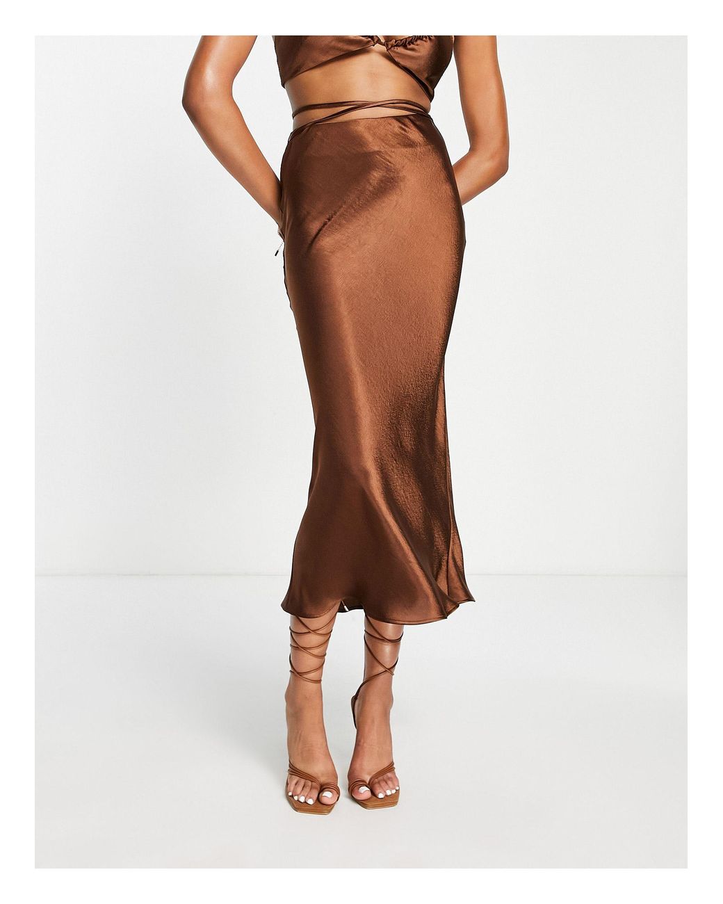Topshop Co-ord Satin Tie Waist Split Midi Skirt In Chocolate |  islamiyyat.com