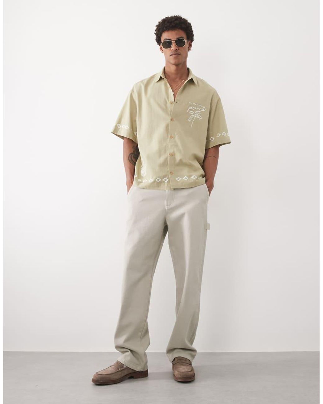 ASOS Natural Oversized Shirt With Linen And Embroidery for men