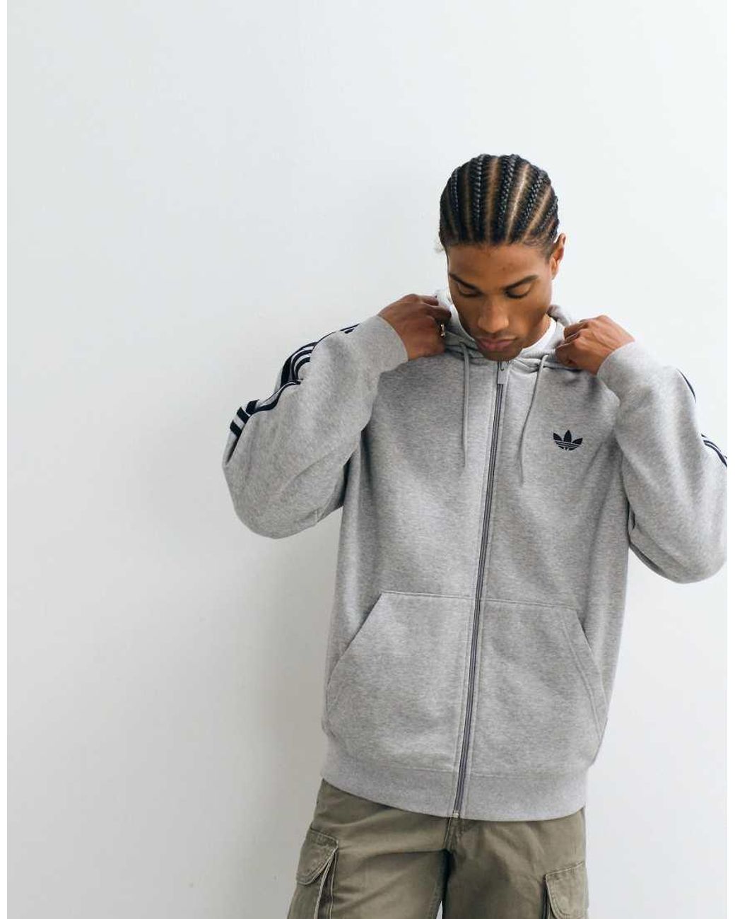 Adidas Originals Gray Full Zip Loose Fit Hoodie for men