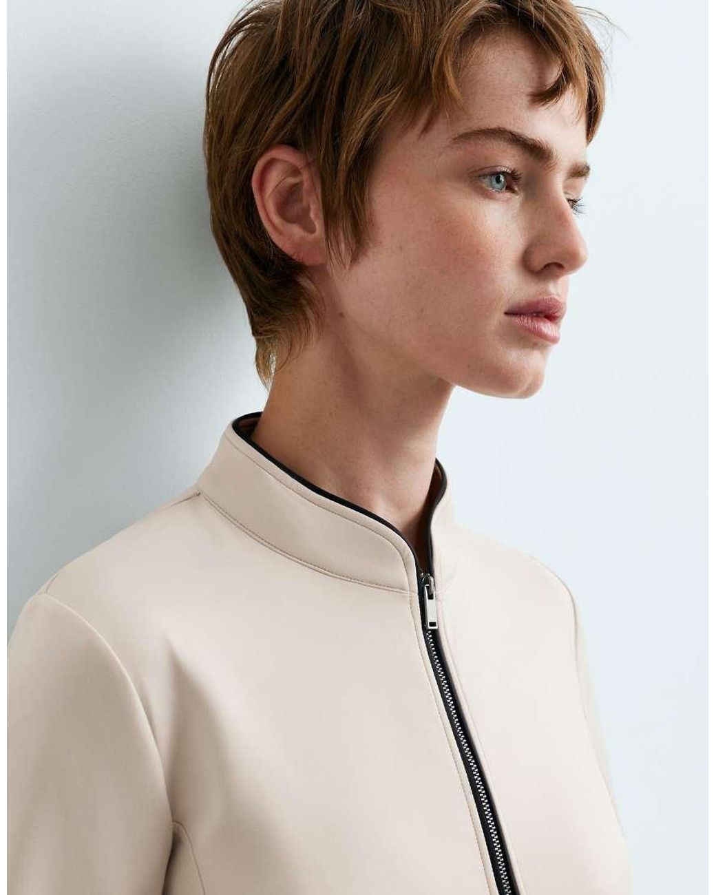 Oysho White Neoprene-Effect Jacket With Mandarin Collar And Piping