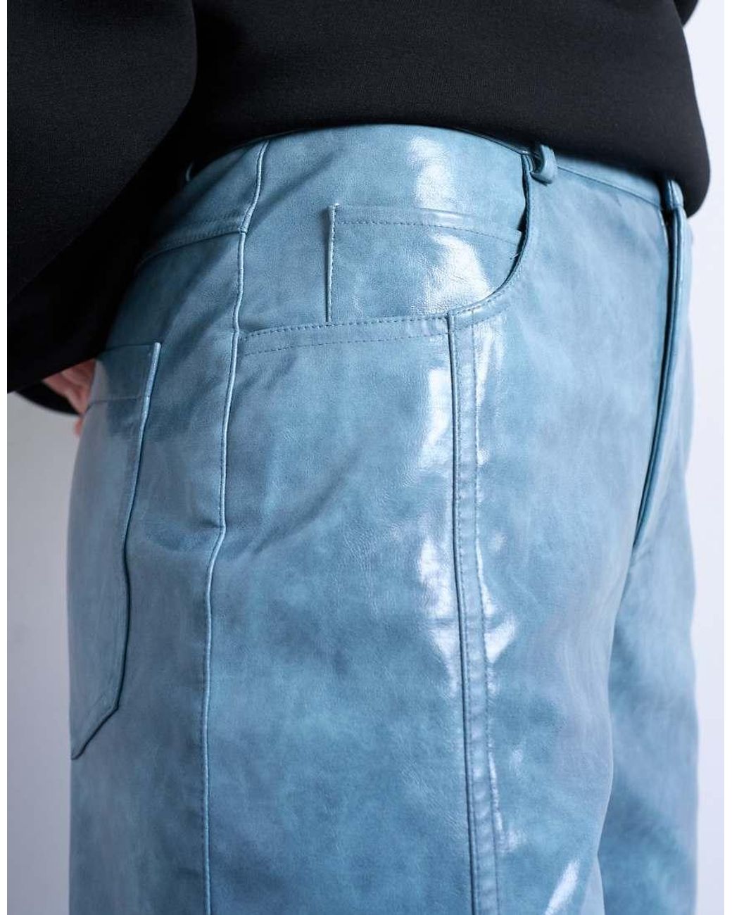 TOPSHOP Blue Faux Leather High Shine Scoop Pocket Wide Leg Trouser