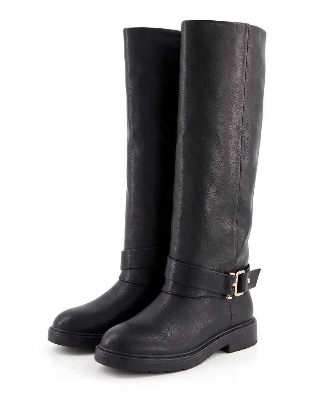 SEQWL Black Knee High Boots With Low Block Heel And Buckle Ankle Strap