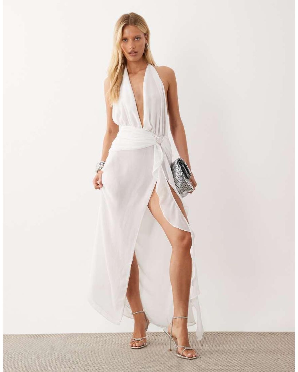 Oh Polly Natural Mesh Plunge Cowl Halter Neck Thigh Split Beach Maxi Dress