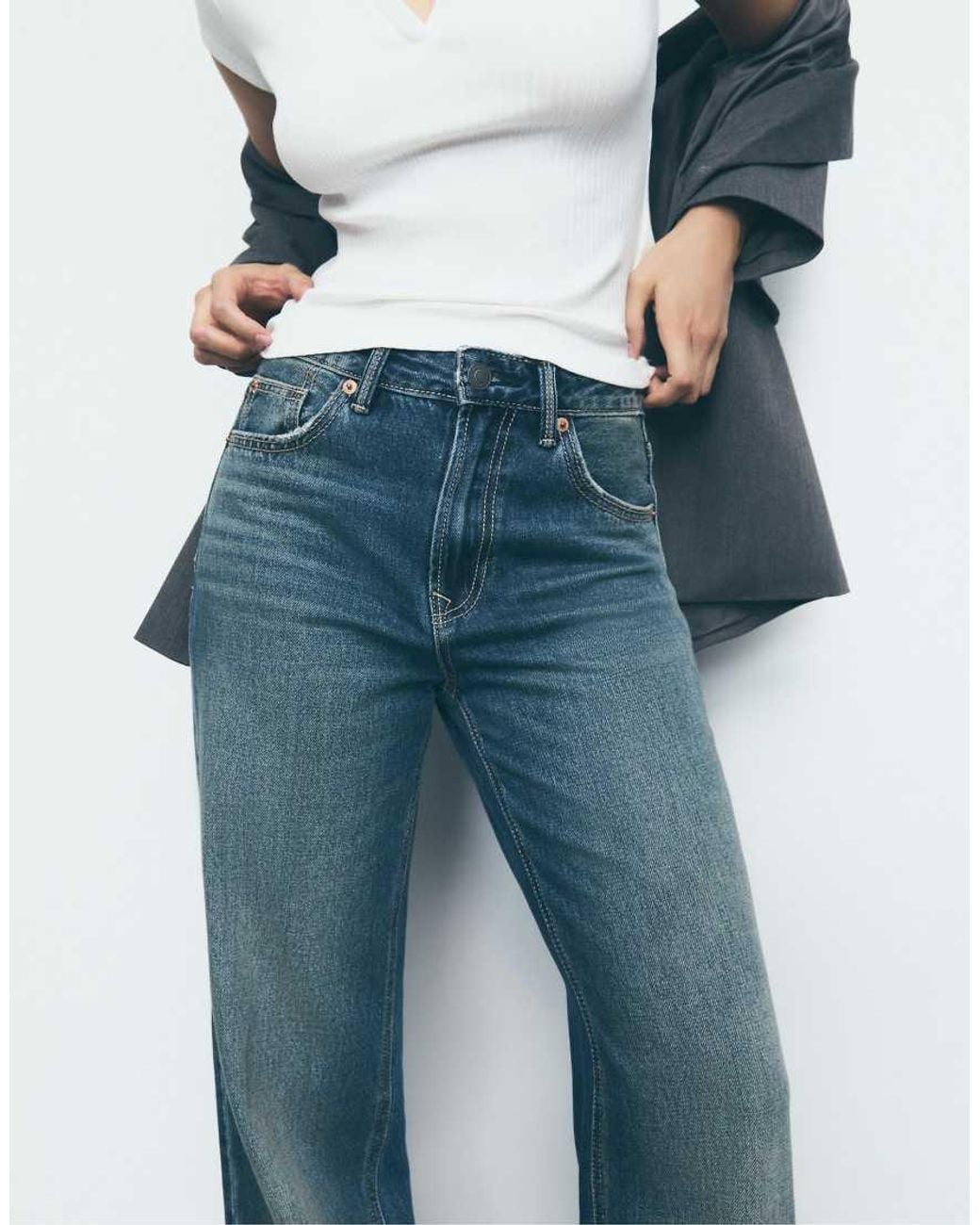 Stradivarius Blue D92 Straight Wide-leg Jeans