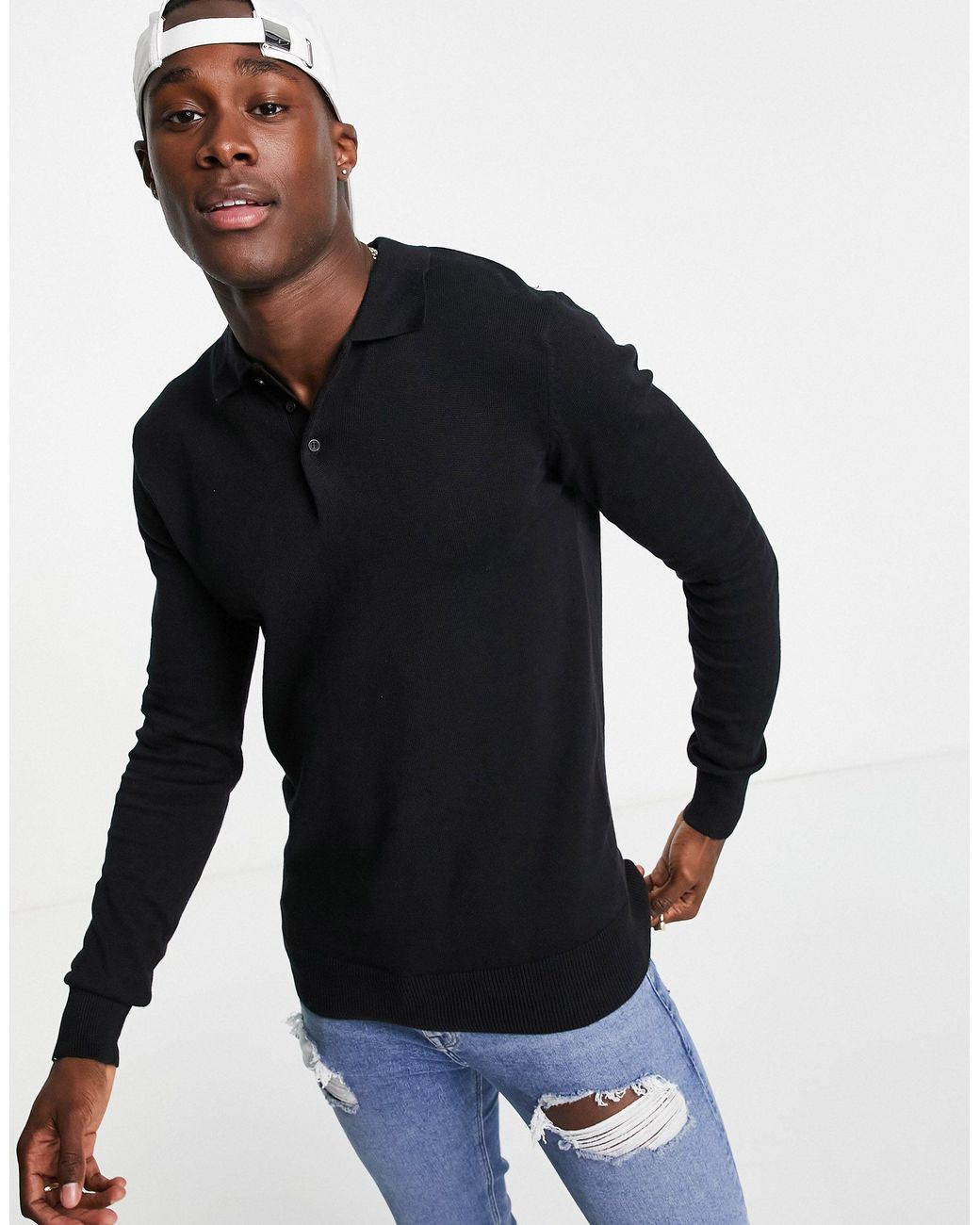 Brave Soul Cotton Long Sleeve Knitted Polo in Black for Men | Lyst