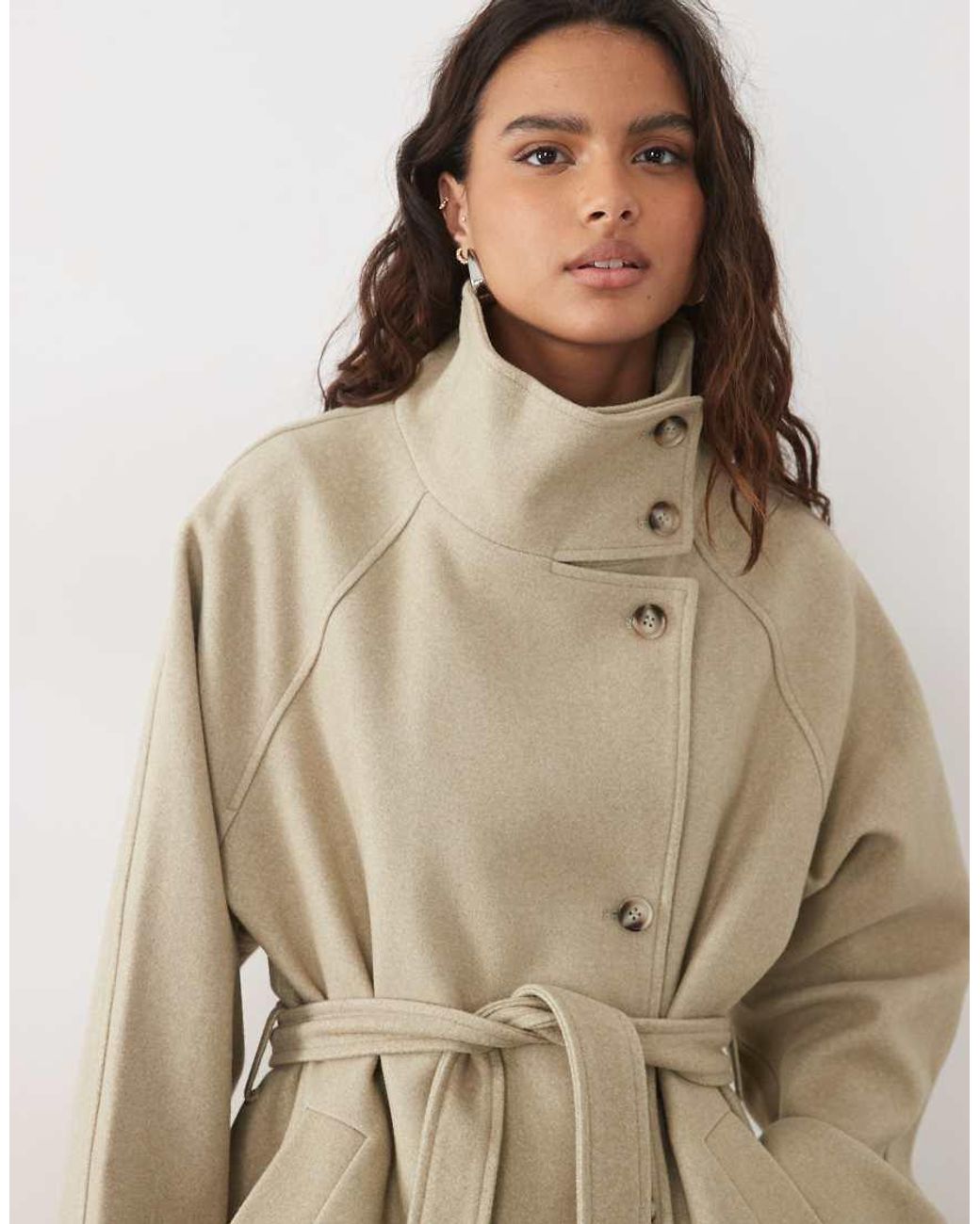 Pieces Natural Funnel Neck Belted Formal Wool-Feel Coat