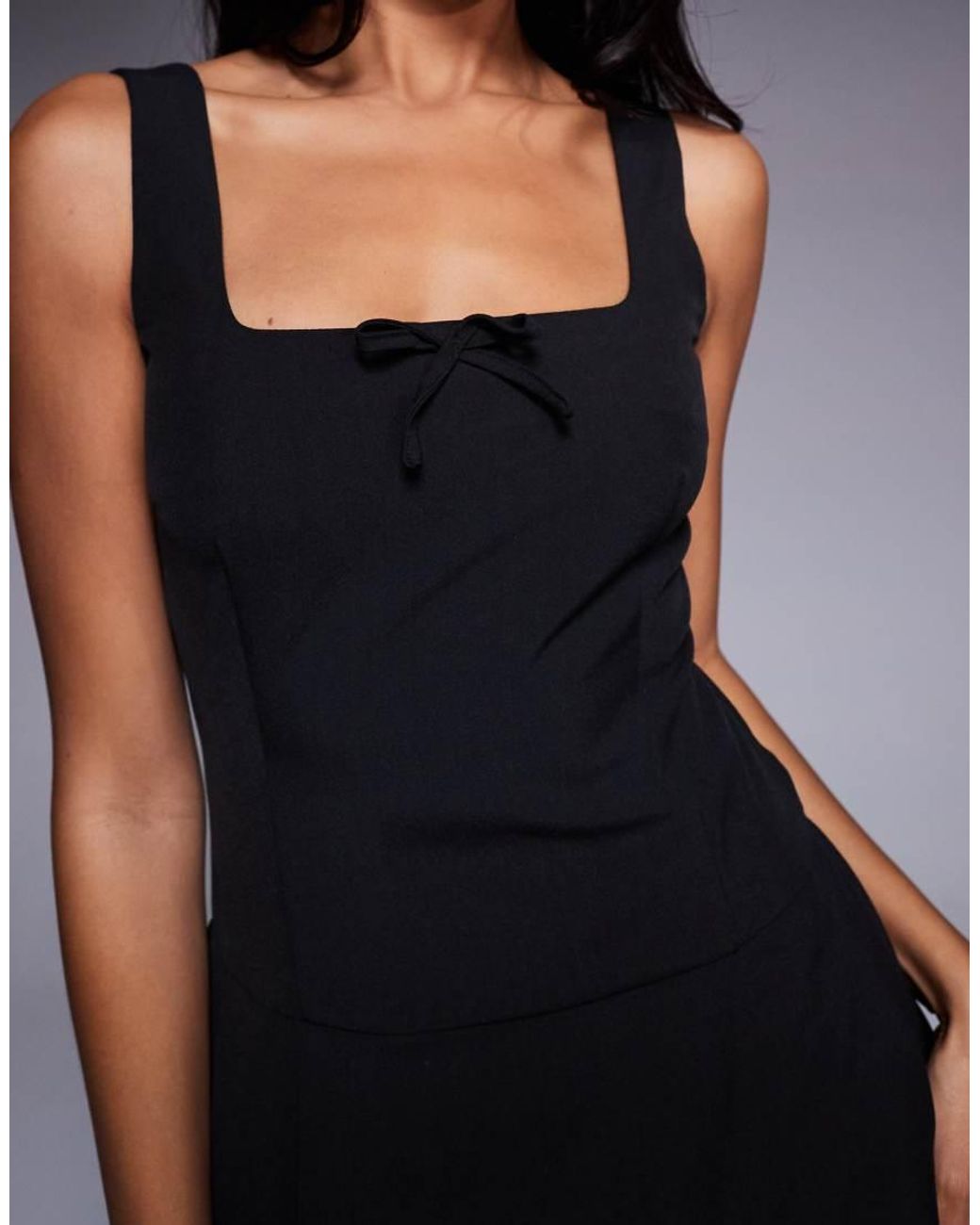 Brave Soul Black Square Neck Pleated Mini Dress With Bow Detail