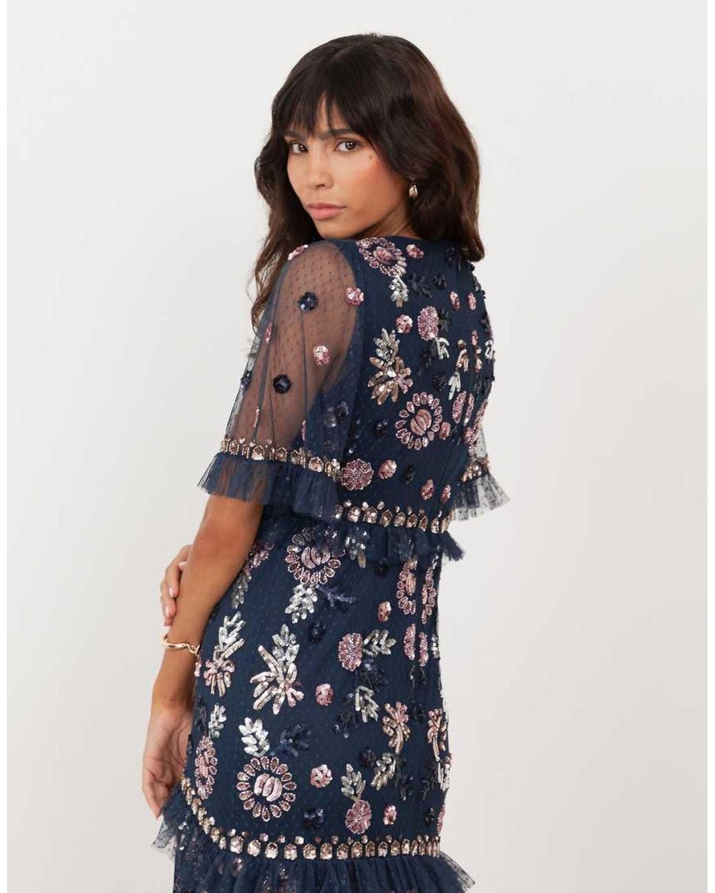 Maya Blue Embellished Short Sleeve Spot Mesh Maxi Dress