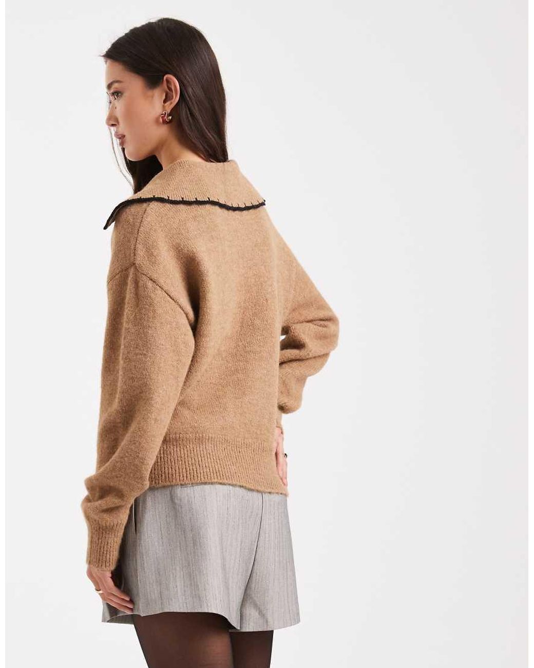New Look Brown Blanket Stitch Collar Polo Jumper