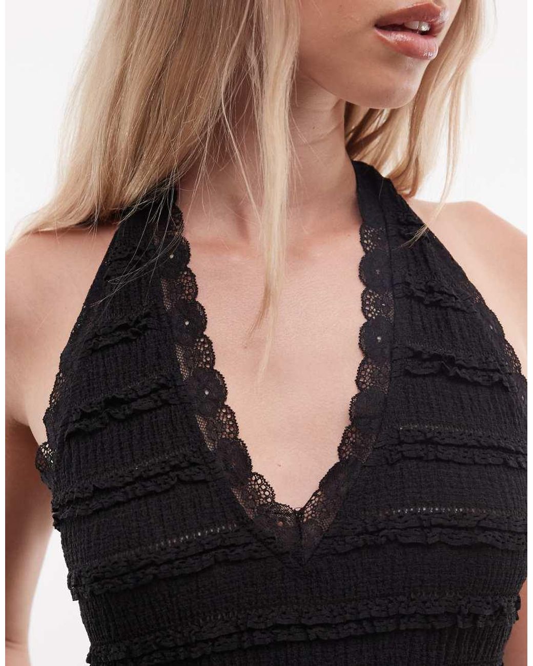 Noisy May Black Textured Halterneck Top Co-ord With Lace Detail