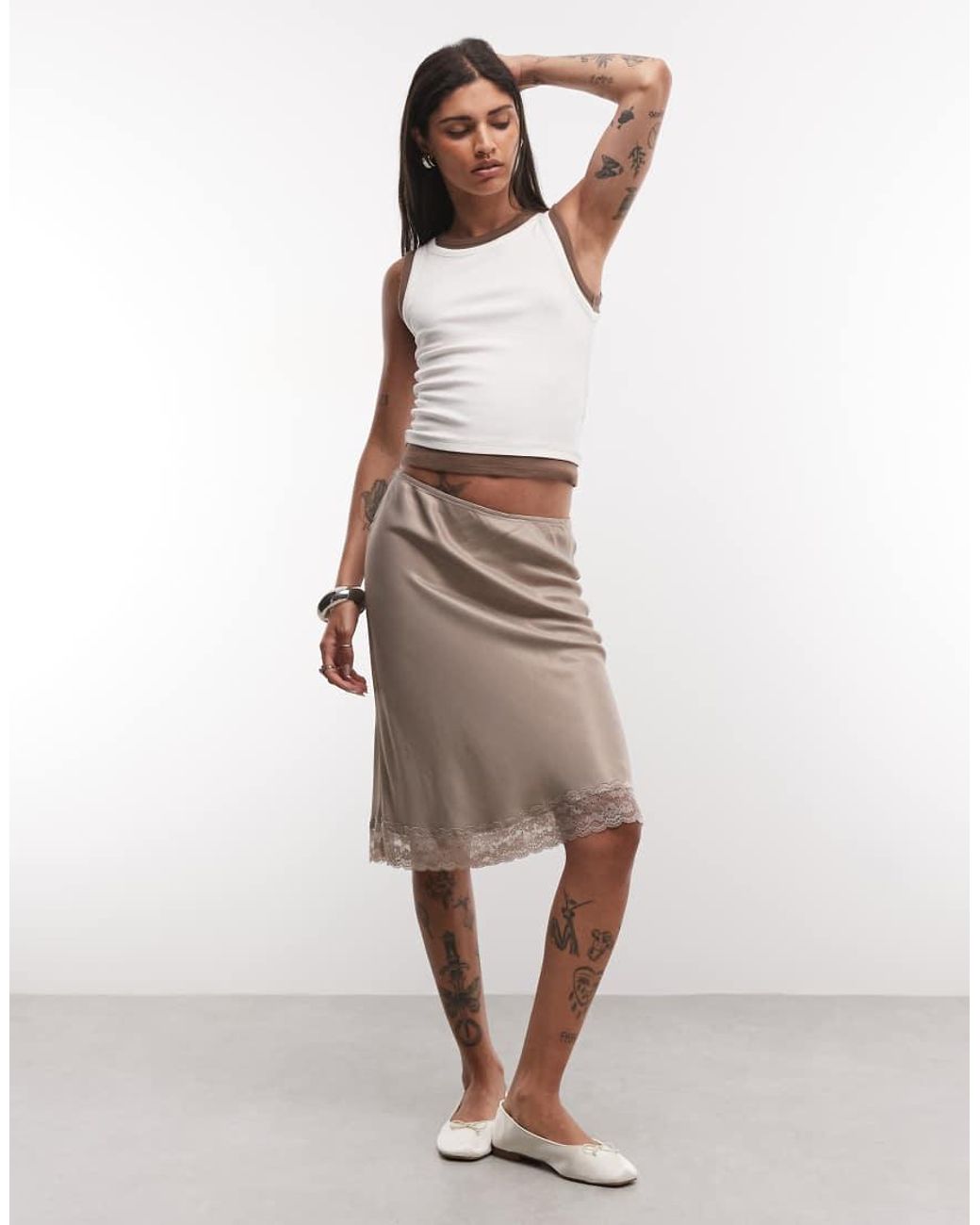 Reclaimed Vintage Natural Satin Awkward Length Skirt With Lace Trim