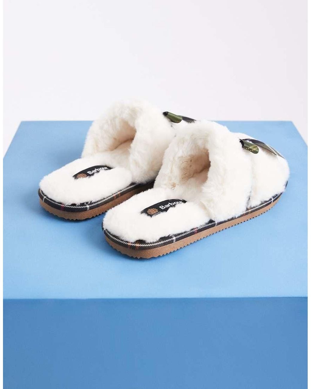Barbour Blue Eleanora Tartan Bow Fluffy Slippers