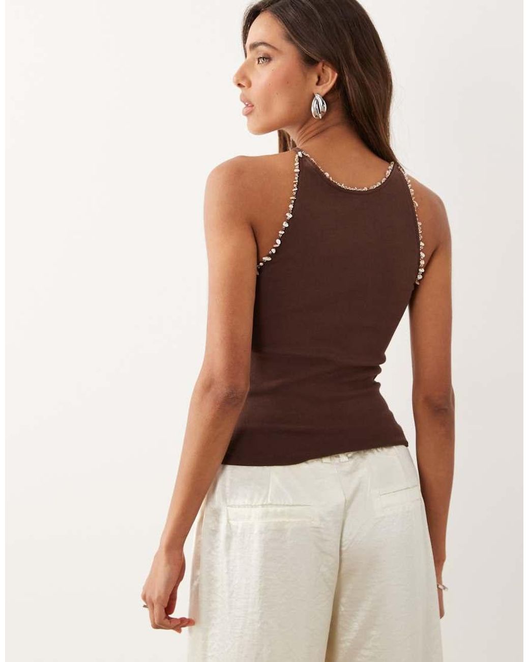 ASOS Brown Compact Cotton Racer Top With Bead Detail