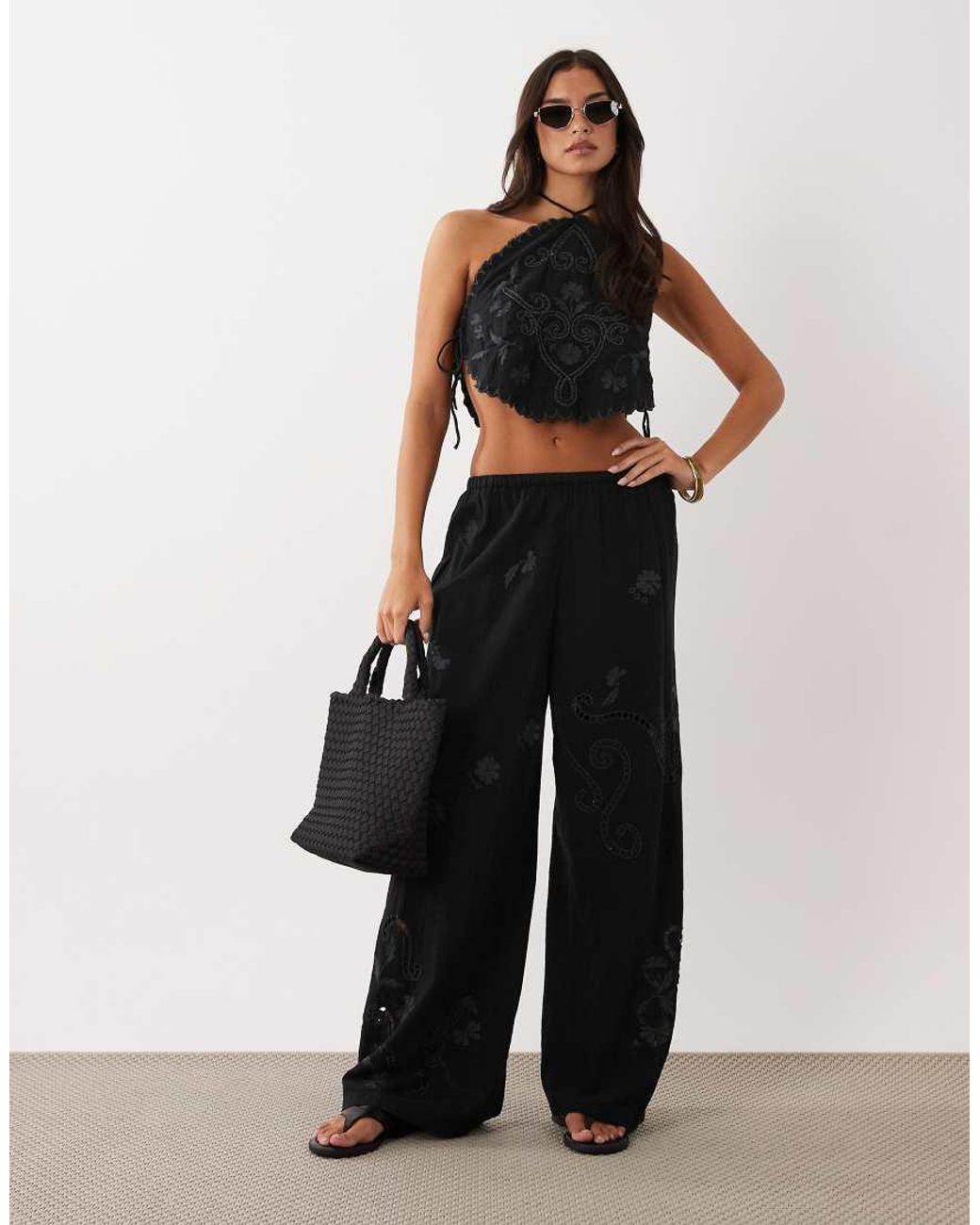 ASOS Black Nienna Embroidered Halter Beach Top