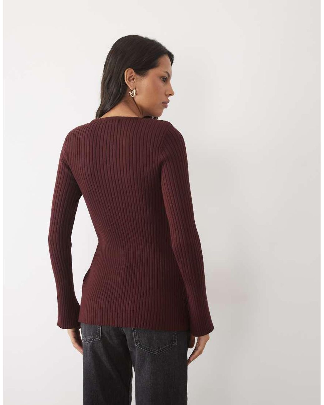 New Look Brown Knitted Button Through Top With Shoulder Pad Detail