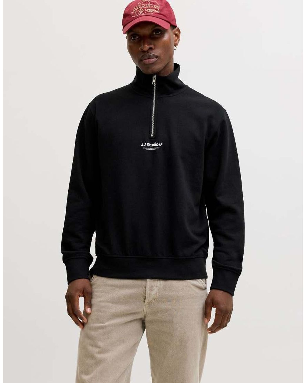 Jack & Jones Black Soho Relaxed Fit Half Zip High-neck Sweatshirt for men