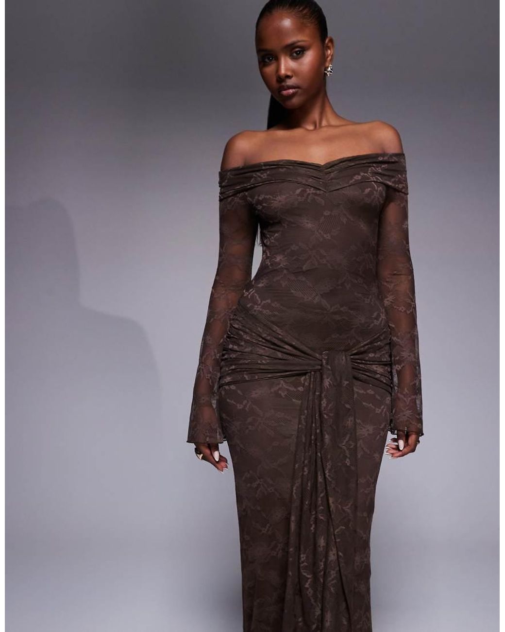 Kaiia Blue Exclusive Double Layered Slinky Lace Bardot Flare Sleeve Tie Waist Drape Detail Maxi Dress