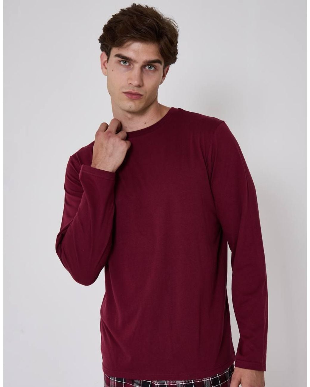 Loungeable Red Pyjamas Jersey Top With Micro Fleece Check Trousers Set for men