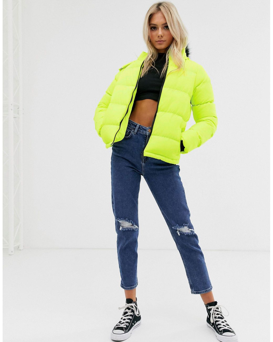 Brave Soul Azelia Neon Puffer Jacket With Hood in Yellow Lyst UK