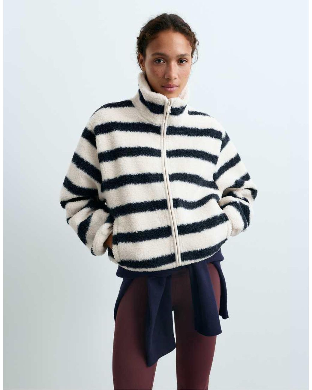 Oysho Blue Striped Faux-Shearling Jacket